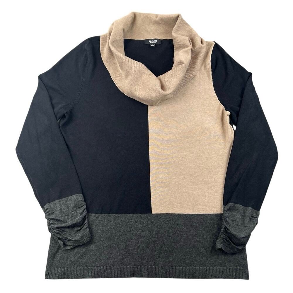 Premise Studio Colorblock Cowl Neck Sweater Black Beige Gray Knit Top - L
